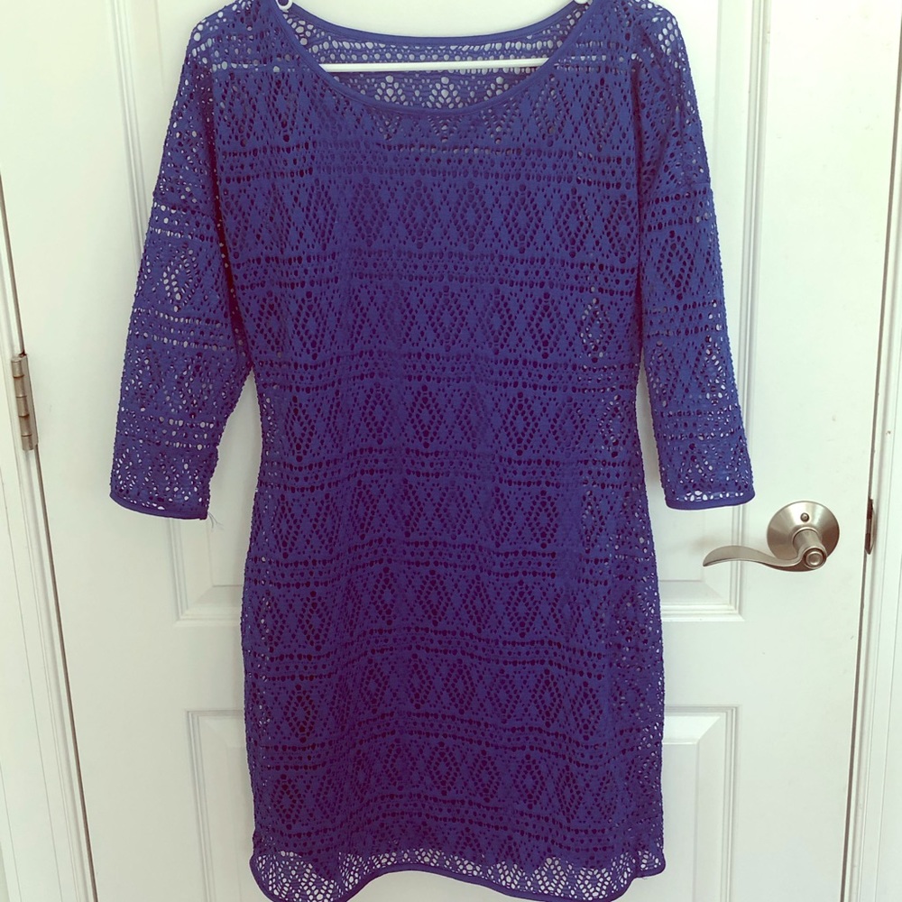 3/4 sleeve blue eyelet dress